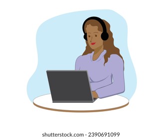 vector design cartoon illustration of a woman in a light purple shirt sitting and playing the internet on a laptop while listening to songs using headphones