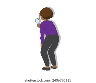 vector design cartoon illustration of a woman in a blue shirt and black pants half-squatting while looking for something using a magnifying glass