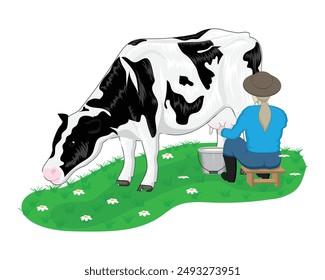 vector design cartoon illustration of a woman in a blue dress sitting next to a large cow and the woman is seen milking the cow in a bucket and surrounded by green grass