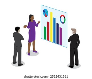 vector design cartoon illustration of a woman and two men looking at graphics of economic traffic and sales of a business within a company