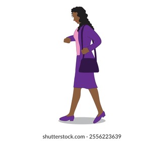 vector design cartoon illustration of a woman in purple who is a worker or businessperson walking fast while carrying a bag and looking at her watch