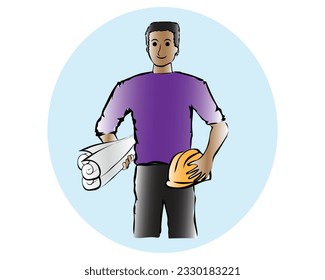 vector design cartoon illustration of a worker or employee wearing a purple shirt and black pants holding three rolls of drawing paper in his right hand and a project helmet in his left hand