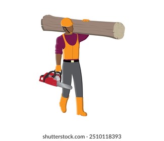 vector design, cartoon illustration of a working man carrying a log that has been cut or felled using a chain saw oil machine