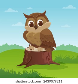 Diseño vectorial de un búho de dibujos animados sobre un fondo brillante, un pájaro. Animal. Vida salvaje. Ilustración vectorial fácilmente editable para el alfabeto de los niños, cartel