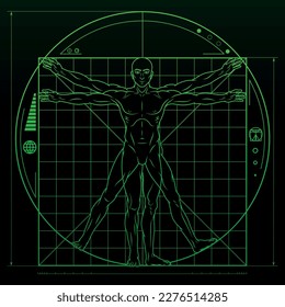 Diseño vectorial del hombre vitruviano al estilo de las caricaturas, estudio de las proporciones ideales del cuerpo humano, Canon de proporciones humanas con fondo de ciencia ficción