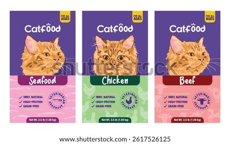 Vector design of cat food packaging with illustrated orange cat, labeled Seafood, Chicken, and Beef flavors. Includes vet-approved stamp and nutritional highlights. Great for pet food branding.