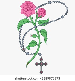 Vector design Catholic rosary with roses and petals, symbol of the Catholic religion