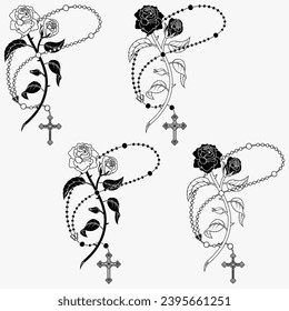 Vector design Catholic rosary with roses and petals, symbol of the Catholic religion