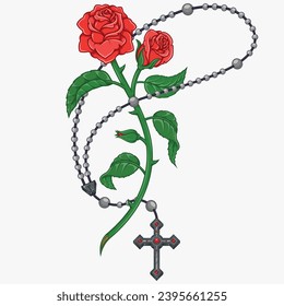 Vector design Catholic rosary with roses and petals, symbol of the Catholic religion