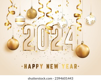 Vector design celebration Happy new year 2024 golden text over confetti with golden balls