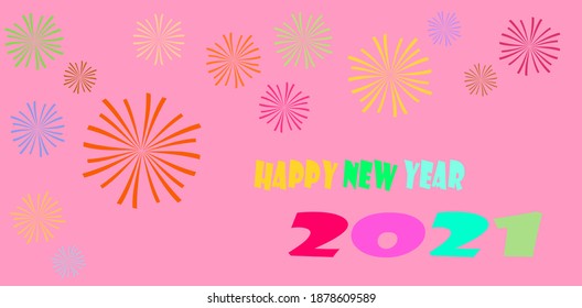 diseño vectorial de la celebración del año nuevo 2021 con muchos fuegos artificiales coloridos sobre fondo rosa dulce.