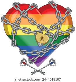 Vector design of chained gay pride heart, chained heart with padlock and keys