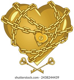 Vector design of a chained love heart, chained heart with padlock and keys
