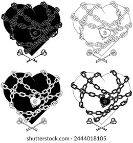 Vector design of a chained love heart, chained heart with padlock and keys