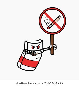 vector design of the character of a pack of cigarettes holding a no smoking. poster design