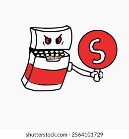 vector design of the character of a pack of cigarettes holding a stop sign. poster design