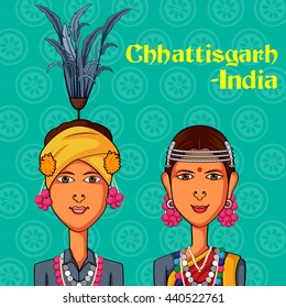 Diseño vectorial de la pareja Chhattisgarhi con traje tradicional de Chhattisgarh, India