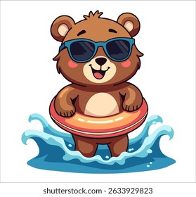Vector design for children t-shirt. Cute teddy bear in sunglasses with inflatable ring swims on wave
isolated on transparent background. Print for fabric, clothing for boy and girl in cartoon style. - Powered by Shutterstock - Get 15% off with code: PIKWIZARD15