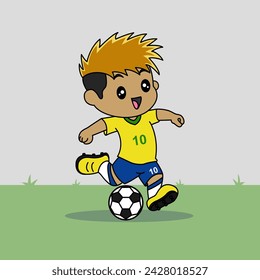 VECTOR DESIGN OF CHILDREN WEARING NATIONAL JERSEY FOOTBALL TEAM. BRAZIL CHILDREN PLAY FOOTBALL