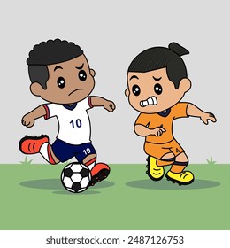 Vector Design of Children Wearing National Jersey Football Team. Children Play Football. Netherlands vs England.