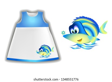 Vector design of a children's dress with a print. Cute fish on clothes. Drawing of a small fish for a children's dress. Fashionable children's clothing.