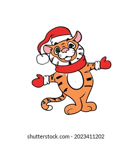 Vector design, children's, festive on a white isolated background for postcards, banners, stickers.Funny tiger