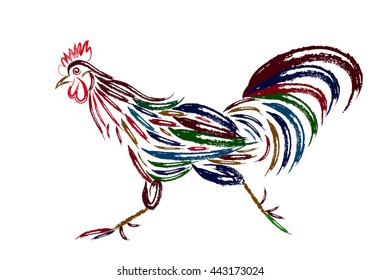 Vector design. Chinese calendar for the year of rooster. Quickly running rooster.