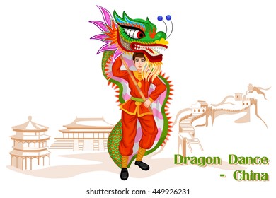 Vector design of Chinese Man performing Dragon dance of China