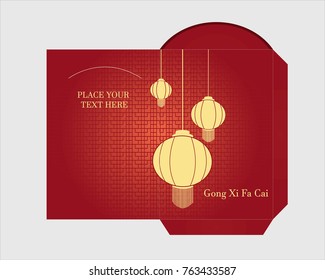 Vector design of chinese red packet with hanging lantern and Gong Xi Fa Cai greeting