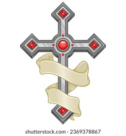 Vector design of Christian cross with ribbon, symbol of the Catholic religion, Christian cross with diamonds and ribbon