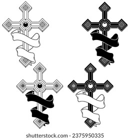 Vector design of Christian cross with ribbon, symbol of the Catholic religion, Christian cross with diamonds and ribbon