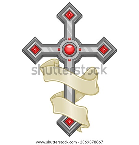 Vector design of Christian cross with ribbon, symbol of the Catholic religion, Christian cross with diamonds and ribbon