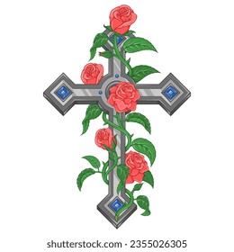 Vector design of Christian cross surrounded by roses, symbol of the Catholic religion, Christian cross with diamonds and petals