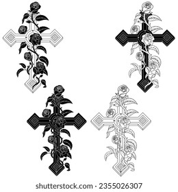 Vector design of Christian cross surrounded by roses, symbol of the Catholic religion, Christian cross with diamonds and petals