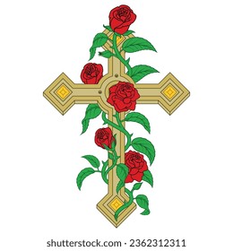 Vector design of Christian cross surrounded by roses, symbol of the Catholic religion, Christian cross with diamonds and petals