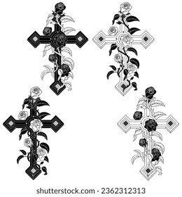 Vector design of Christian cross surrounded by roses, symbol of the Catholic religion, Christian cross with diamonds and petals