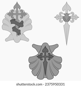 Vector design of christian symbology of the apostle santiago, santiago cross with scallop, sword and ribbon