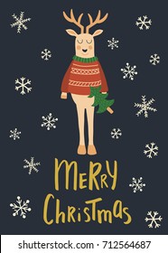 vector design of Christmas card with cute standing deer with New year tree and merry Christmas hand lettering text