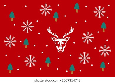 Vector design of Christmas deer icon with Christmas tree snowflake pattern on red background