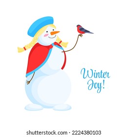 Vector design of Christmas greeting card with the girl snowman with a snowbird. Winter holiday celebration illustration