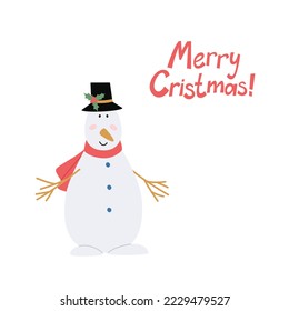 Vector design of Christmas greeting card with the snowman in a top hat decorated with holly. Winter holiday celebration illustration