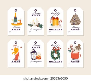 Vector design with Christmas greetings elements and traditional xmas attributes on white background. Christmas tags or labels set with typography and colorful icon.