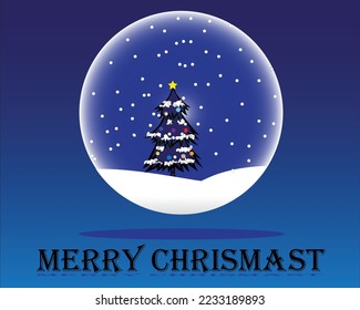 vector design of a Christmas ornament on a blue background in a round shape with a snowy Christmas tree inside the circle and has a Merry Christmas greeting at the bottom