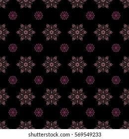 Vector design. Christmas Stylized pink and purple Snowflakes on a Black Background. Seamless Repeating Pattern.