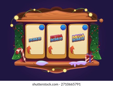 Vector design for a Christmas-themed game menu or quiz. Cartoon-style user interface, header, shopping or information screens. Carved wooden elements, Christmas tree branch, garlands and baubles.