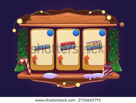 Vector design for a Christmas-themed game menu or quiz. Cartoon-style user interface, header, shopping or information screens. Carved wooden elements, Christmas tree branch, garlands and baubles.