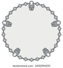 Vector design Circle with chains and padlock for dungeon and dungeons, skull shaped padlock with cutting chains