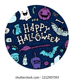 Vector design of circle poster with multicolored spooky items and wish of Happy Halloween isolated on white background