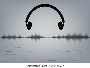Vector Design circuit board and sound wave audio with Earphone on gray vintage background for technology communication concept