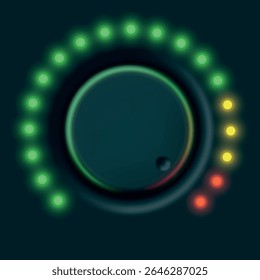 Design vetorial de um botão de discagem circular com indicadores brilhantes mostrando os níveis de status